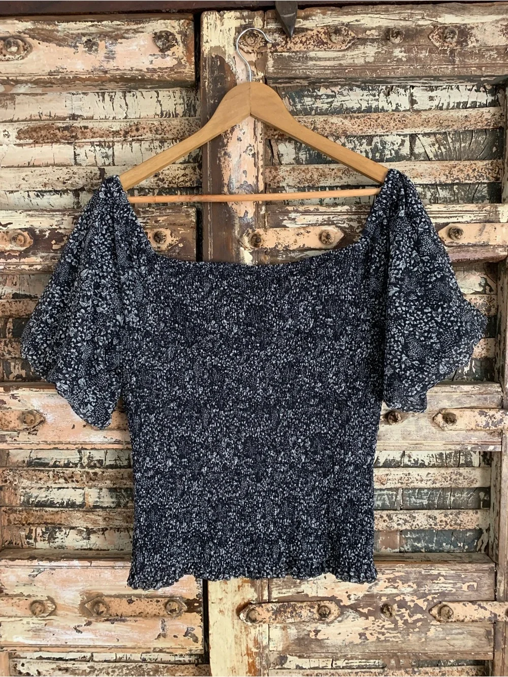Anthropologie Aurelia Black & White Ditsy Floral Smocked Puff Sleeve Top EUC, XL